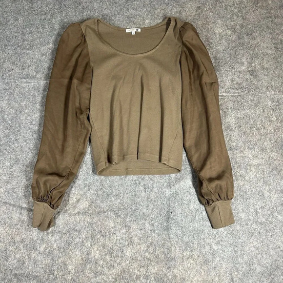 Sundry Mixed Media Top Womens 3 US Large Rib Knit Satin Puff Sleeve Crop Brown - Picture 1 of 7
